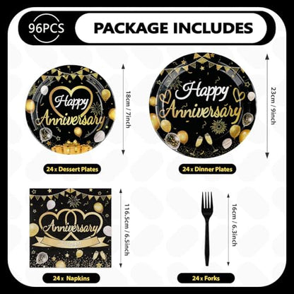 Greencian 96 Pcs Black and Gold Anniversary Party Decorations，Serves 24 - style: Happy Anniversary Kit