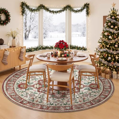 U'Artlines Red Christmas Round Area Rug 6ft Boho Washable Holiday Carpet - color: Christmas Red, size: 6' (Round)