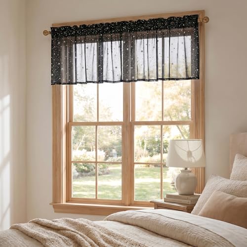 Horaldaily 2Pcs Black Sheer Valance 52x14in, Silver Sequin Star, Halloween - color: Black and Sliver, size: 52"W x 14"L (Pack of 2)
