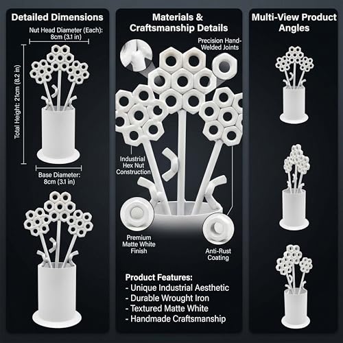 White Iron Flower Vase Sculpture for Living Room, Dining Room and Bathroom, Modern Floral Art Piece for Home and Office Tabletop Display