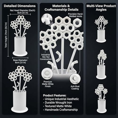 White Iron Flower Vase Sculpture for Living Room, Dining Room and Bathroom, Modern Floral Art Piece for Home and Office Tabletop Display