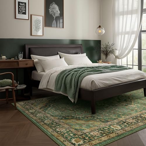 6x9 Vintage Rugs for Dining Room, Washable Rugs Non Slip Large Area Rug for Living Room Bedroom Office, Floor Decoration Big Rug Mat Low-Pile Kid & Pet Friendly(Border Green) - color: Border Green, size: 6'x9'