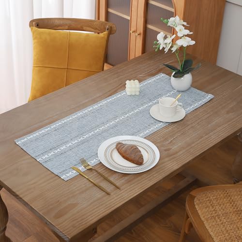 Gernaice 2PCS Boho Table Runner, Rustic Cotton Linen Farmhouse Table Runners for Dresser End Coffee Table Home Decor, 24" L X 13" W Blue - size: 2PCS 13" X 24", style: Hemstitched Blue