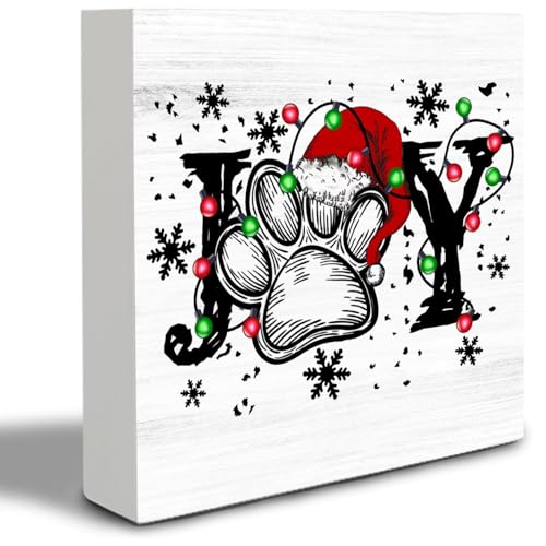 IWXYI Christmas Joy Wood Box Sign Desk Decor,Dog Paw Wooden Block Box Sign Decoration For Home Office Shelf Table Decor 5x5 Inches,Dog Gift For Dog Lover