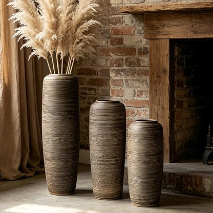 Brown Rustic Ceramic Floor Vase, 19.7 Inch, Ribbed Texture - size: 19.7 Inch