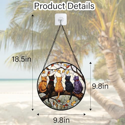 5 Cats on a Branch Stained Glass Window Hanging Suncatcher Gifts 9.8" - color: Black, size: 9.8x9.8 IN
