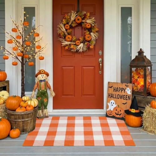 MUBIN Fall Decor Cotton Buffalo Plaid Rug, 27.5x43 Orange White Outdoor Rug Front Door Decorative Mat, Washable Halloween Doormat Foldable Area Rug Layered Door Mats Rug for Front Porch, Entryway - color: Orange White Plaid, size: 2'3" x 3'7" (Rectangular