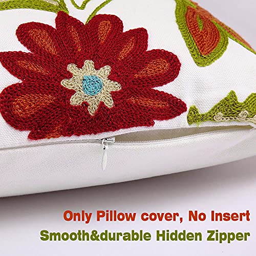 Throw Pillow Case Covers 18x18 inch Set of 2 Decorative Floral Embroidered Design on Solid Natural White Background for Couch, Sofa, Bed - Cushion Not Included