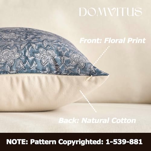 DOMVITUS Floral Pillow Covers 20x20 Throw Pillow Covers Block Print Vintage Decorative Neutral Pillow Cover for Couch Bed Living Room Dusty Blue 1PC - color: Dusty Blue, size: 20" x 20" (Pack of 1)