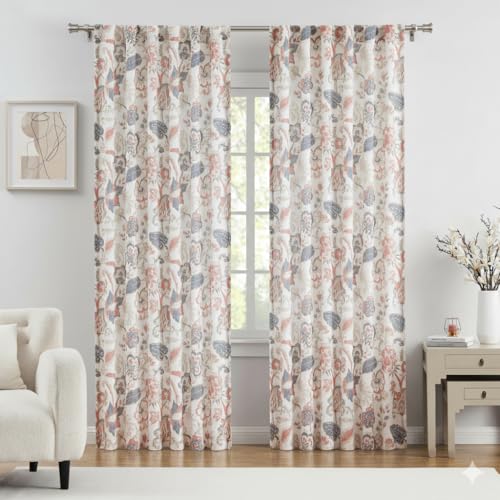 Kayne Studio Navy Red Jacobean Floral Rod Pocket Semi Sheer Curtains 84Inch - color: Navy Red, size: 52"W x 84"L (Pack of 2)
