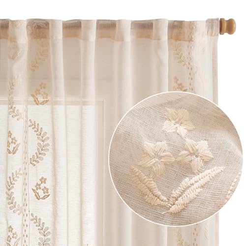 jinchan Floral Linen Curtains, Back Tab 50x63 Inch, 2 Panels Beige - color: S | Beige, size: 50"W x 63"L (Pack of 2)