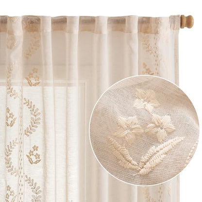 jinchan Floral Linen Curtains, Back Tab 50x63 Inch, 2 Panels Beige - color: S | Beige, size: 50"W x 63"L (Pack of 2)