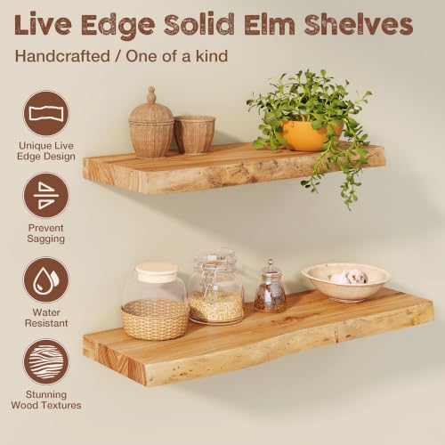 fuqing Live Edge Floating Shelves for Wall, 48 Inch Solid Elm Wood Shelves - color: Natural Elm Live Edge - 8"d, size: 48"L - 1Pack