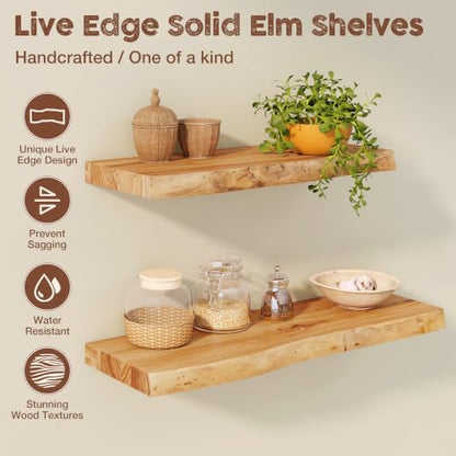 fuqing Live Edge Floating Shelves for Wall, 48 Inch Solid Elm Wood Shelves - color: Natural Elm Live Edge - 8"d, size: 48"L - 1Pack