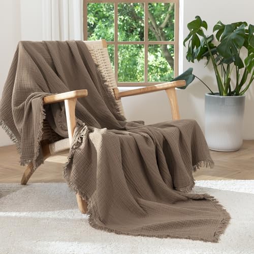 MooMee 100% Cotton Muslin Blanket, Fringed 4-Layer Gauze Bed Couch Throw - color: Brown, size: Throw XL