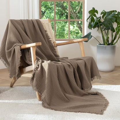 MooMee 100% Cotton Muslin Blanket, Fringed 4-Layer Gauze Bed Couch Throw - color: Brown, size: Throw XL