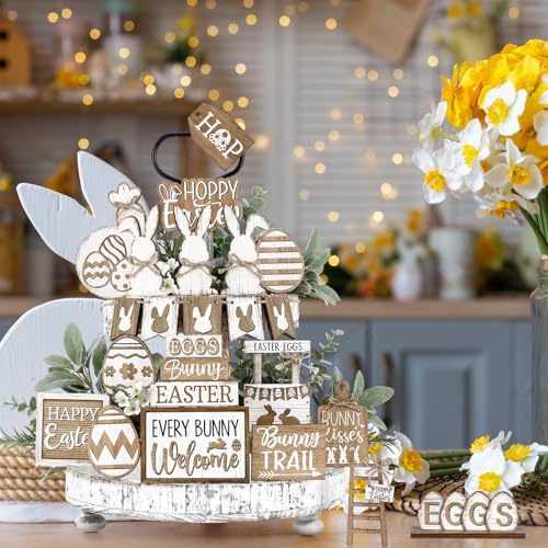 24 Pcs Easter Tiered Tray Decoration Set Easter Table Sign Farmhouse Bunny Eggs Rabbit Carrot Tabletop Centerpieces Spring Wood Blocks Signs for Spring Home Kitchen Office Holiday Party Supplies - style: Easter