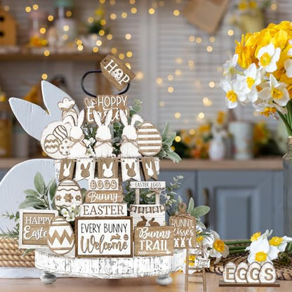 24 Pcs Easter Tiered Tray Decoration Set Easter Table Sign Farmhouse Bunny Eggs Rabbit Carrot Tabletop Centerpieces Spring Wood Blocks Signs for Spring Home Kitchen Office Holiday Party Supplies - style: Easter