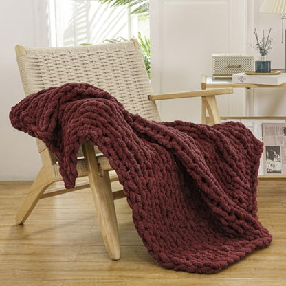 WESHIONGOO Chunky Knit Blanket Throw for Couch Bed 40"×40" Burgundy Red - color: Burgundy Red, size: 40"x40"(Small Size Throw)