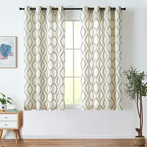 jinchan Boho Linen Curtains 63 Inch Green on Beige Grommet 2 Panels - color: Vine Green, size: 50"W x 63"L (Pack of 2)