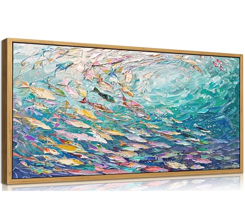 KIRFOLUC Abstract Ocean Wall Art, Large Framed Textured Print Painting | Colorful School of Fish Seascape Picture Coastal Marine Life Canvas Wall Decor Blue Teal Seascape Artwork for Living Room - color: Fish, size: 40"L x 20"W