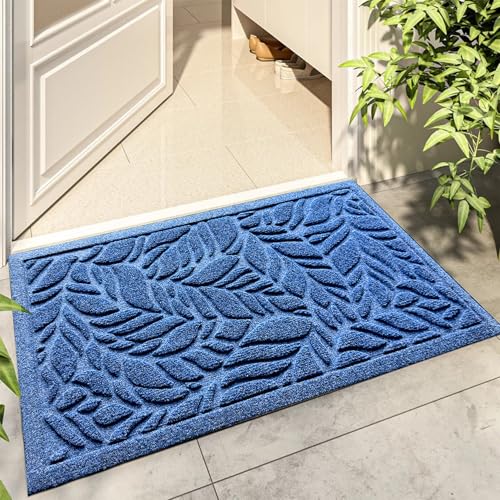 Bulijojo Front Door Mat Entrance,Durable Heavy Duty Welcome Mat,Thick Absorbent Natural Rubber Non Slip Mat,Sturdy Entryway Blue Leaves 17x30 - color: Blue Leaves, size: 1'5" x 2'6" (Rectangular)