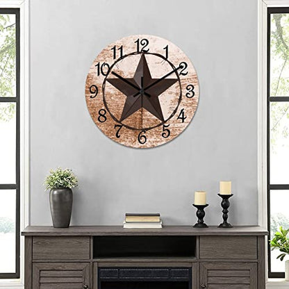 Round Farmhouse Wall Clock Western Texas Star Classic Style Wood Clock Quiet Non-Ticking Battery Operated with Large Numbers Retro Wall Hanging Desk Clock for Living Room Home Home 12 Inch - color: Style-3, size: 12in