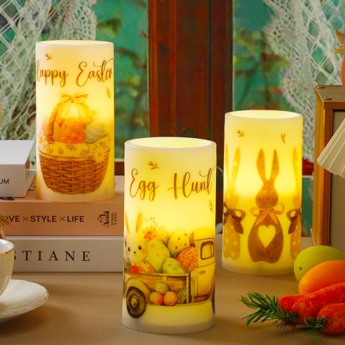 Retisee 3 Pcs Farmhouse Easter Flameless LED Candles Battery Operated Bunny Spring Flickering Pillar Candles with Remote Rabbit Happy Easter Centerpiece for Bedroom Living Room Dinner Table Decoration - style: Rabbit
