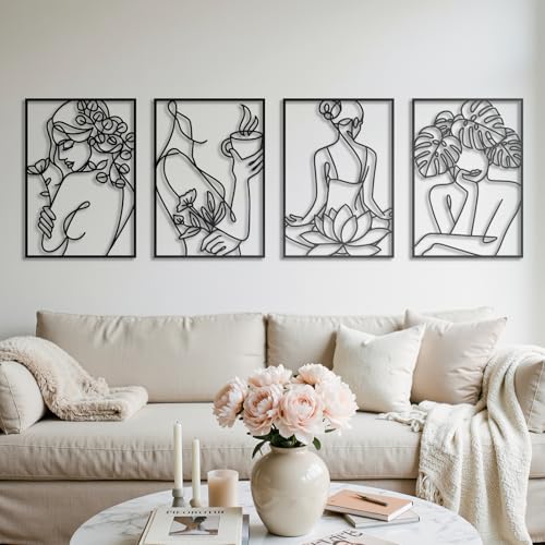 deeinglif Minimalist Woman Metal Wall Art Set of 4-3D Abstract Female Line Art Wall Decor with Monstera Leaf & Lotus, Modern Black Silhouette Hanging for Bedroom, Living Room, Above Bed (12x17 Inch)