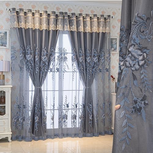 Amidoudou 1 Pair European Double Layer Curtains for Living Room Bedroom Luxury Peacock Flower Embroidered Curtains with Valance (Grey,51x84 Inch) - color: Grey, size: 51"W x 84"L (Pack of 2)