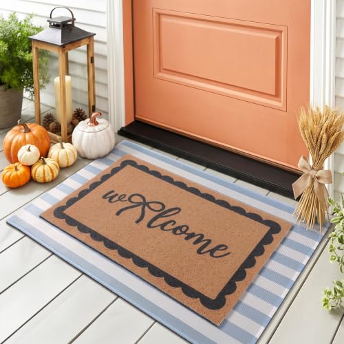 Tinideya 2 Pcs Blue Welcome Layered Doormat Set Fall Front Porch Decor - color: Blue,black