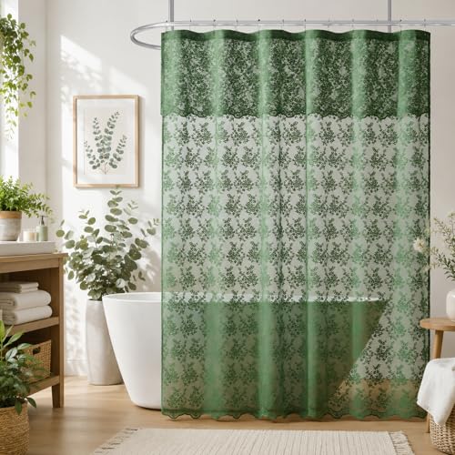 TUDECO Dark Green Shower Curtain for Bathroom, Delicate Lace, 72 x 72 - color: Green, size: 72"W x 72"L (Pack of 1)