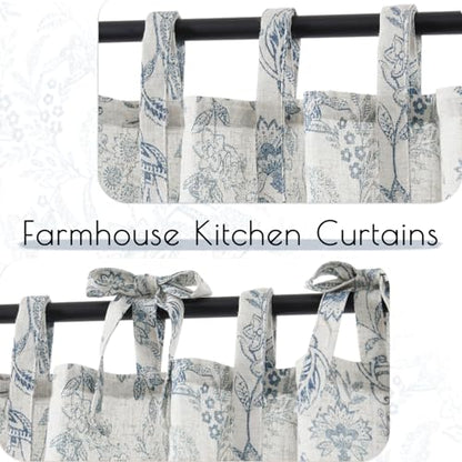 jinchan Blue Floral Kitchen Tier Curtains Botanic 24 Inch Tie Top 2 Panles - color: Devon Blue on Linen, size: 26"W x 24"L (Pack of 2)