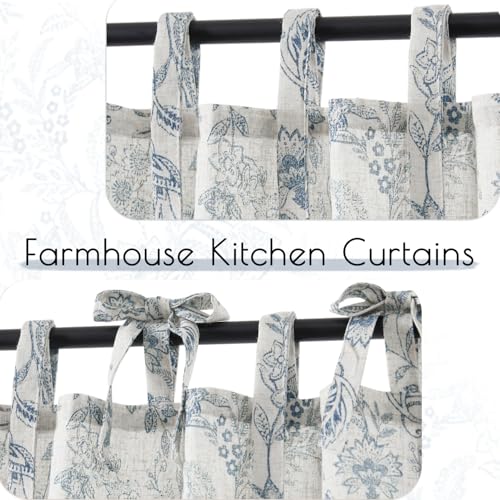 jinchan Blue Floral Kitchen Tier Curtains Botanic 36 Inch Tie Top 2 Panles - color: Devon Blue on Linen, size: 26"W x 36"L (Pack of 2)