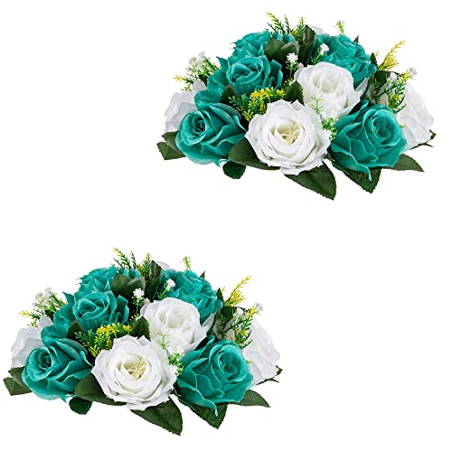 Flower Centerpieces for Wedding Tables: Teal & White, 2 Packs - color: Teal & White