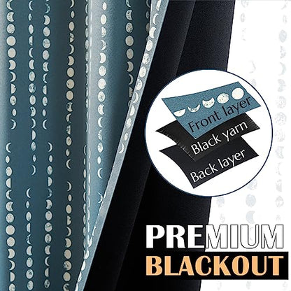 jinchan Boho Blackout Curtains 63 Inch Length Moon Phase Printed Drapes - color: Luna | Blue, size: 52"W x 63"L (Pack of 2)
