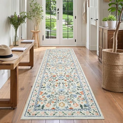 GarveeHome Washable Floral Runner Rug 2.5x8 Non-Slip Low Pile Hallway Green - color: Green, size: 2'6" x 8' (Rectangular)