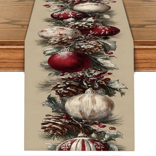 Elegant Red and White Christmas Table Runner – 13x72 Inch Holiday Table Decor with Pinecones, Holly, Ornaments & Snowflakes, Festive Winter Table Runner for Dining Room, Party, or Mantel - color: 68