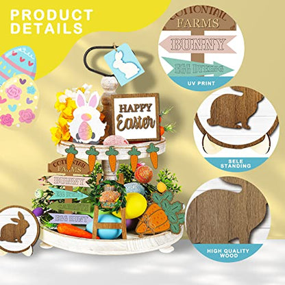 Patelai 12 Pcs Easter Tiered Tray Decor Farmhouse Easter Wood Table Decor Rustic Bunny Rabbits Carrot Gnome Egg Sign Decorative Spring Table Centerpieces for Home Indoor Kitchen - style: Easter
