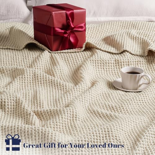 PHF 100% Cotton Waffle Blanket Lightweight Breathable, Twin, Linen/Stone - color: Linen/Stone, size: Twin(66" x 90")