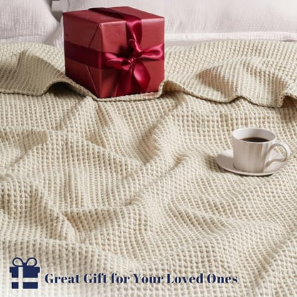PHF 100% Cotton Waffle Blanket Lightweight Breathable, King Linen/Stone - color: Linen/Stone, size: King(104" x 90")