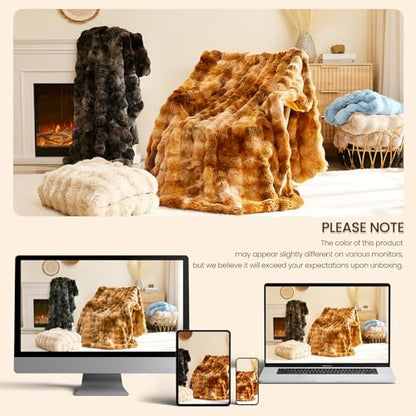 L'AGRATY Faux Rabbit Fur Throw Blanket for Couch, 50'' x 60'' Almond White - color: Almond White, size: 50" x 60"