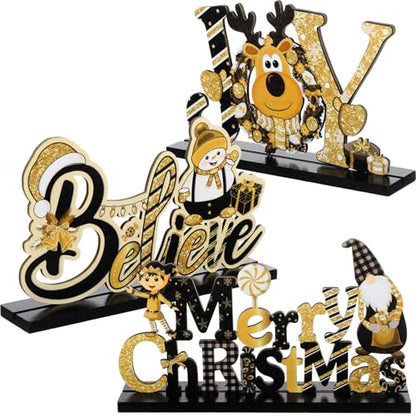 Blulu 3 Pcs Gold Christmas Wooden Signs Tabletop Farmhouse Centerpieces - color: Gold