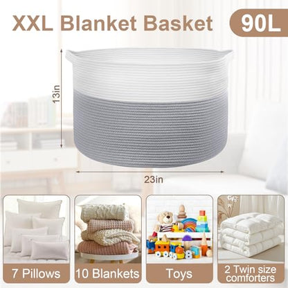 90L Large Blanket Basket Storage with Handles - White & Gray - color: Gray & White, size: 90L