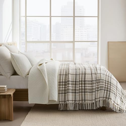 EverGrace Plaid Chenille Queen Blanket for Bed, 90"x90", Beige - color: Plaid Beige & White, size: 90"x90"