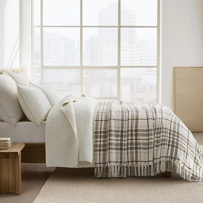 EverGrace Plaid Chenille Queen Blanket for Bed, 90"x90", Beige - color: Plaid Beige & White, size: 90"x90"