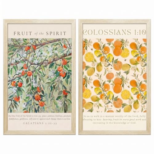Framed Botanical Citrus Canvas Wall Art Religious Decor 2Pcs 12x16 Inch | Vintage Christian Inspired Painting Prints Picture Poster for Living Room Bedroom Office Floral Scripture Theme Ready to Hang - color: Fruit of the Spirit 021, size: 16"L x 12"W