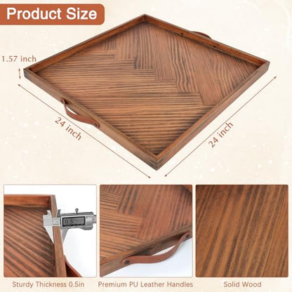 SXNOWS Wooden Serving Tray with Leather Handles, 24x24 in - size: 24" x 24" x 1.6"