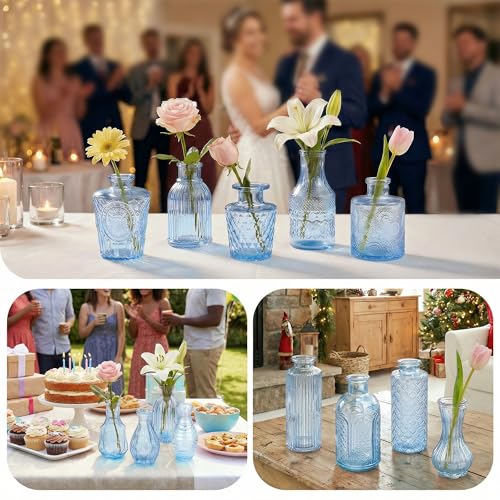 Glass Bud Vases in Bulk Small Mini Blue Vase for Flowers 17pc - color: Blue
