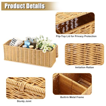 Sumnacon Wicker Storage Basket with Lid, Rectangle Bathroom Narrow Baskets - color: Yellow